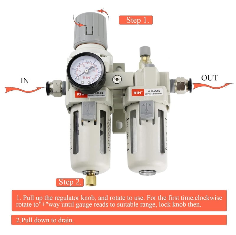 RIH Store Pneumatics 3/8" NPT Compressed Air Filter Regulator Lubricator Combo Water/Oil Trap Separator - Gauge(0-150 psi), Semi-Auto Drain, Poly Bowl,Bracket - 3 in 1 Two Unit (3/8" NPT) - Image 2